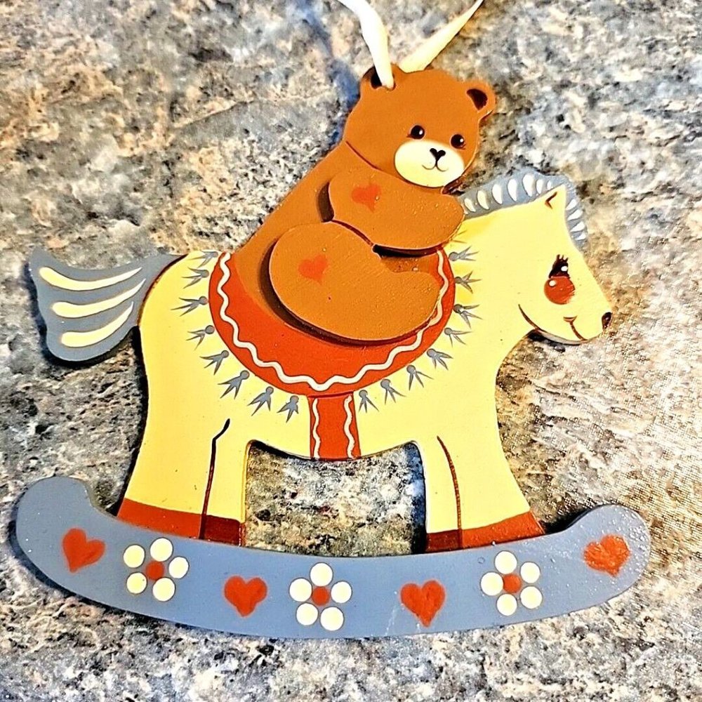 Vintage 1985 Hand Painted Teddy Bear on Rocking Horse Christmas Ornament Wood